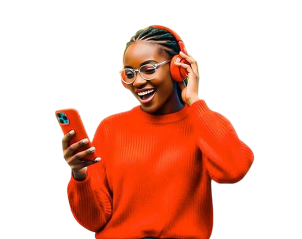 A smiling young Ghanaian graduate in an orange sweater and red headphones, holding a phone